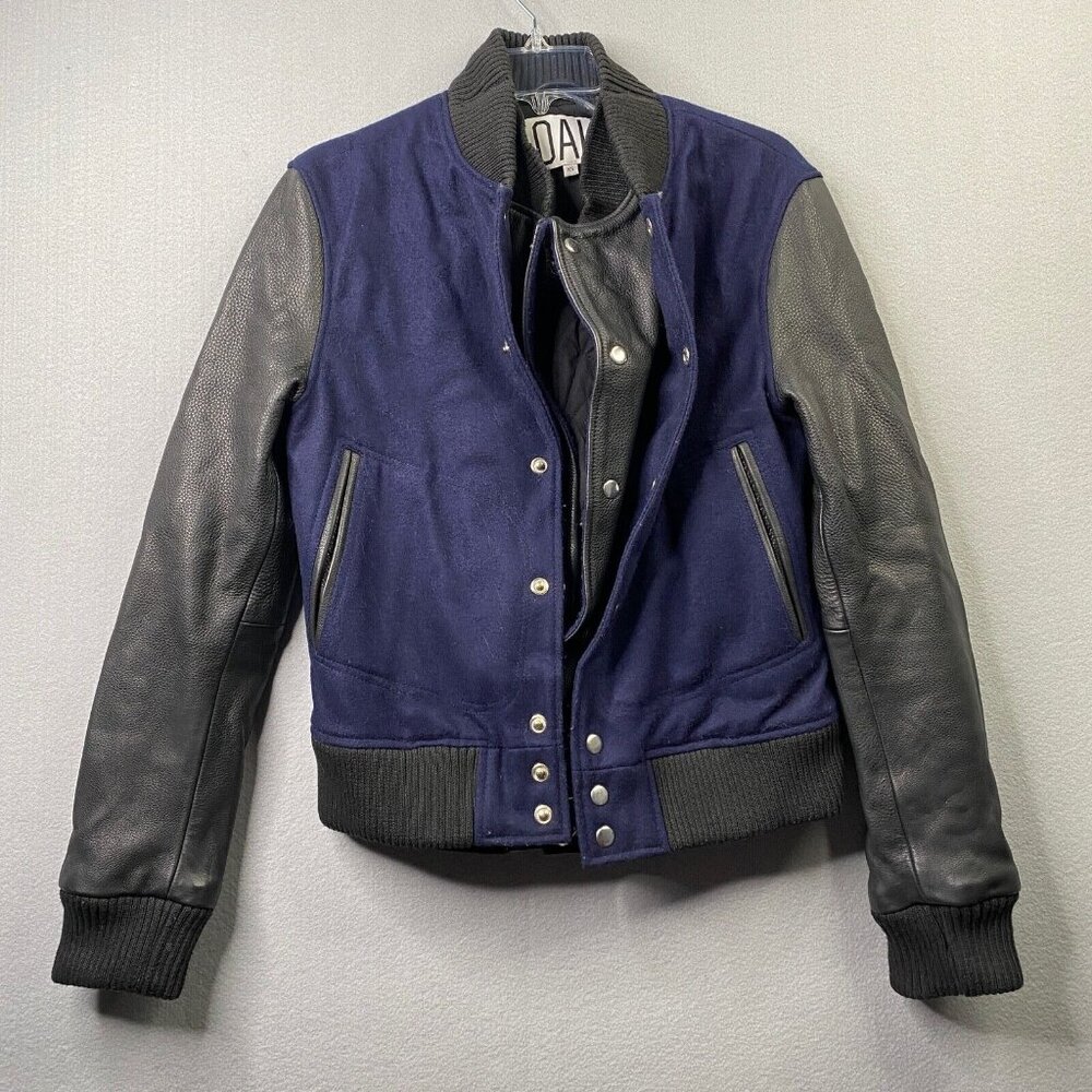 Oak NYC Double Front Varsity Jacket Womens XS Blue Wool Leather Sleeves‎ Boxy